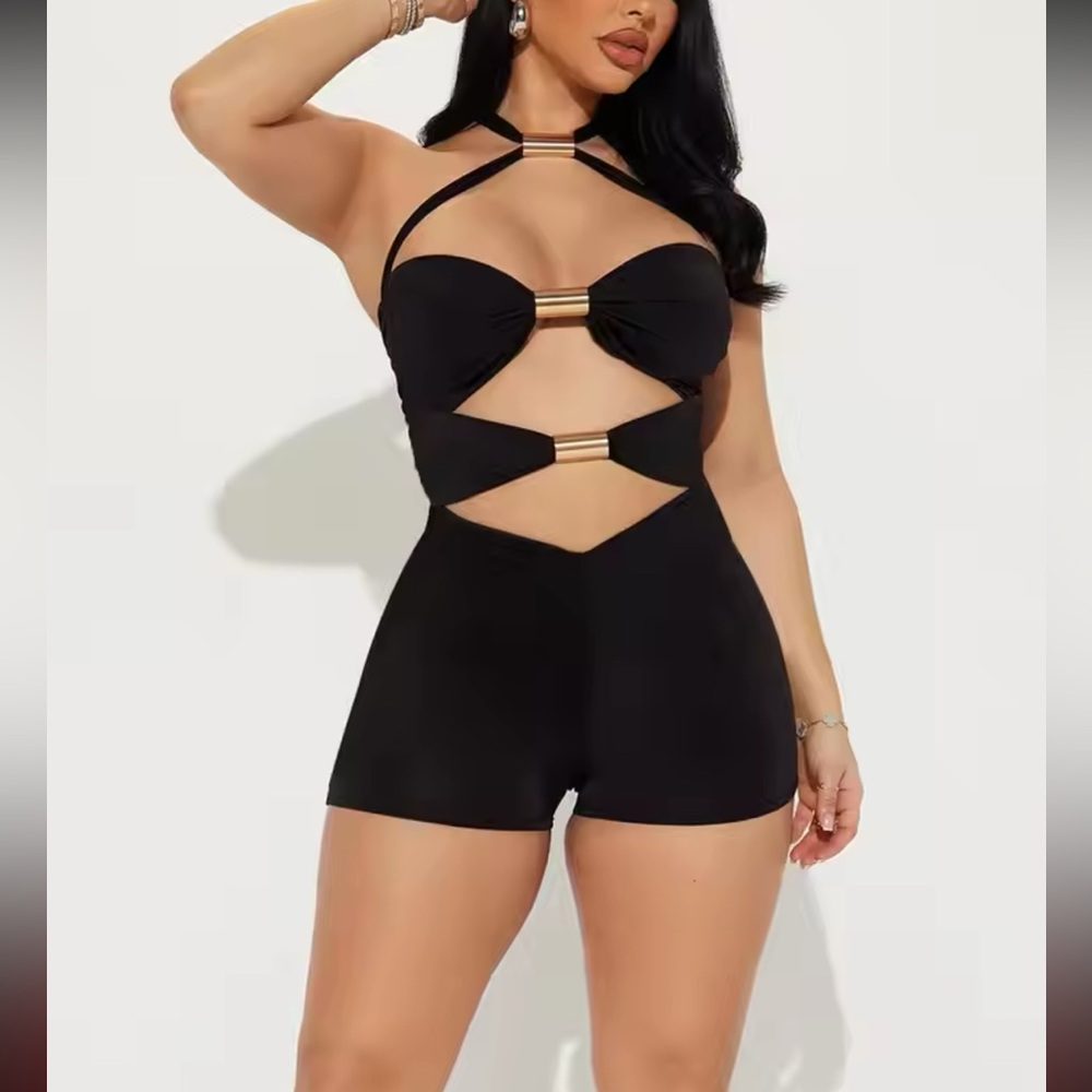 Hollow out black shorts jumpsuit